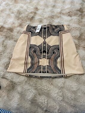 Beige Graphic-Print Mini Skirt with Black & Brown Accents